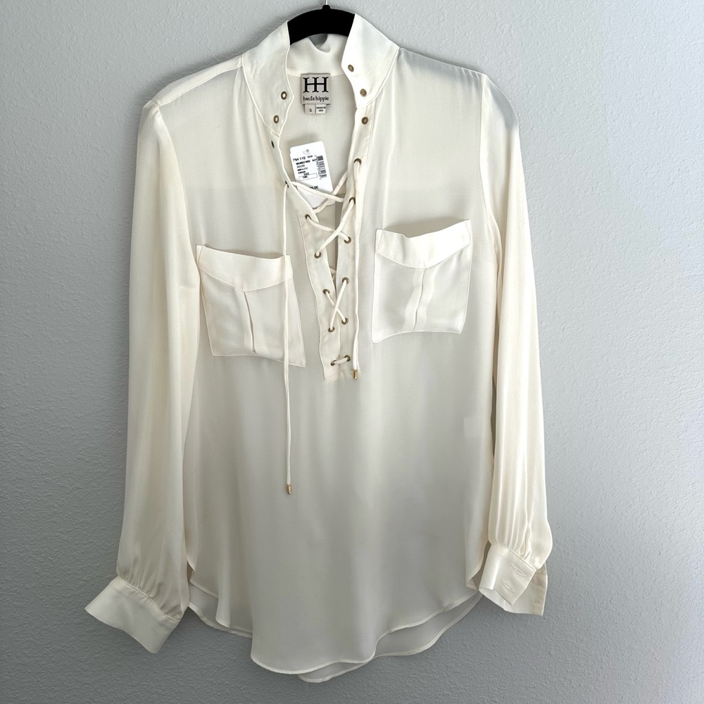 Haute Hippie Gypsy Blouse - 100% silk ivory long sleeve lace up